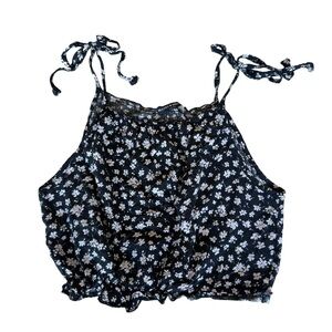Brandy Melville Black & White Floral tie strap high tank w ruffle hem whimsigoth